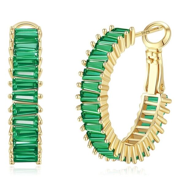 14K Yellow Gold with Emerald Green Cubic Zirconia Drop Hoop Leverback Earrings - Picture 1 of 7